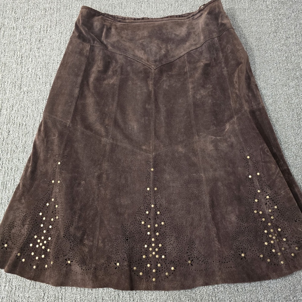 Coldwater Creek PXL Brown Suede Leather Midi Skirt Studded Western Boho